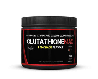 Strom Sports GlutathioneMAX powder supplement in lemonade flavour container on a white background.