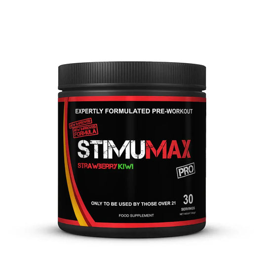 Strom Sports StimuMAX Pro pre workout supplement in strawberry kiwi flavor, 30 servings.