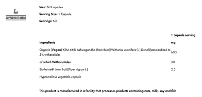 Supplement Needs Ashwagandha KSM-66 ingredients panel showing dosage per capsule
