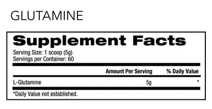 Supplement Facts label for Supplement Needs L-Glutamine showing 5g L-Glutamine per serving and 60 servings per container.