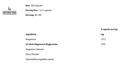 Supplement Needs Magnesium Bisglycinate ingredients panel showing magnesium content per serving