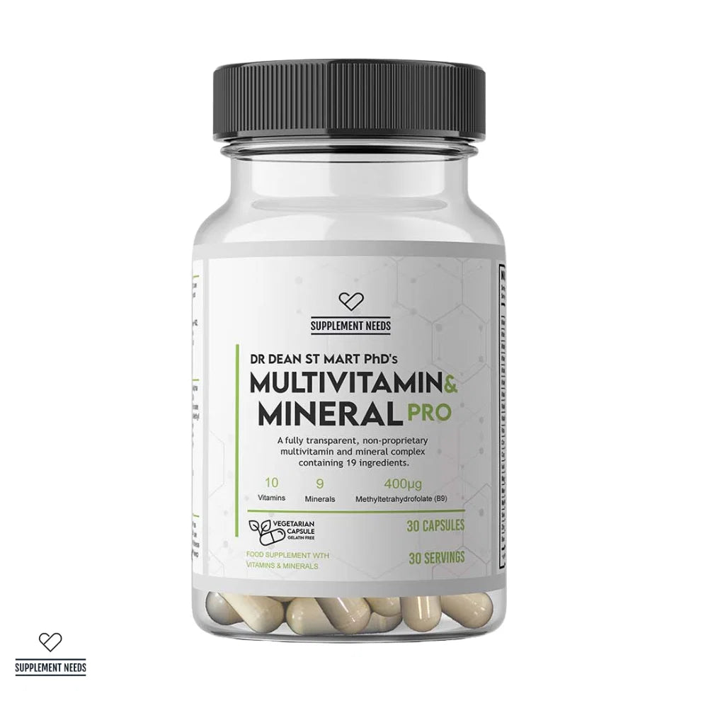 Supplement Needs Multivitamin and Mineral Pro supplement bottle with 30 capsules, providing essential vitamins and minerals for daily health support.