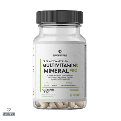 Supplement Needs Multivitamin and Mineral Pro supplement bottle with 30 capsules, providing essential vitamins and minerals for daily health support.