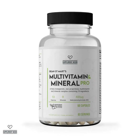 Supplement Needs Multivitamin and Mineral Pro supplement bottle with 60 capsules, providing essential vitamins and minerals for daily health support.