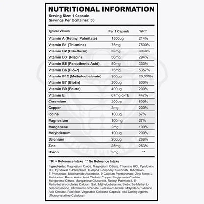 Nutritional information label for Supplement Needs Multivitamin and Mineral Pro showing vitamins, minerals, and daily values per capsule.