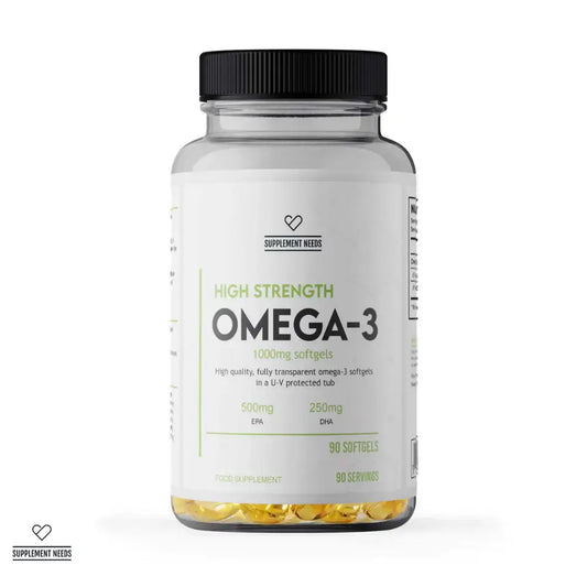 Supplement Needs Omega 3 High Strength softgels bottle with 90 servings.