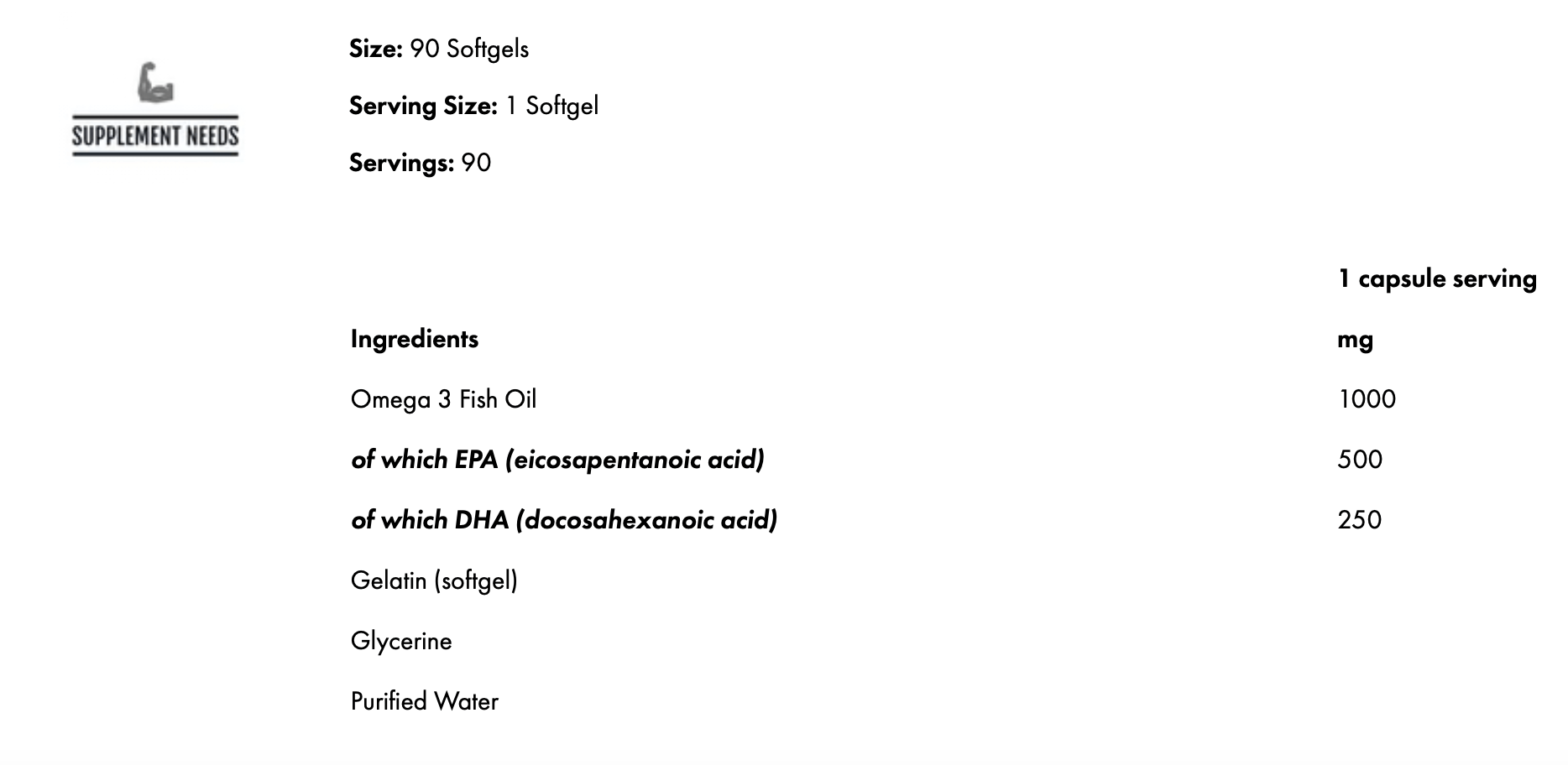 Supplement Needs Omega 3 supplement facts panel showing fish oil, EPA and DHA per softgel.