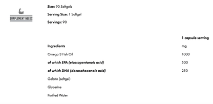 Supplement Needs Omega 3 supplement facts panel showing fish oil, EPA and DHA per softgel.