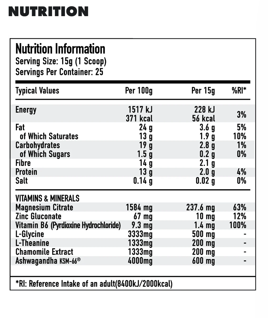 Nutrition information table showing serving size and nutritional values per serving