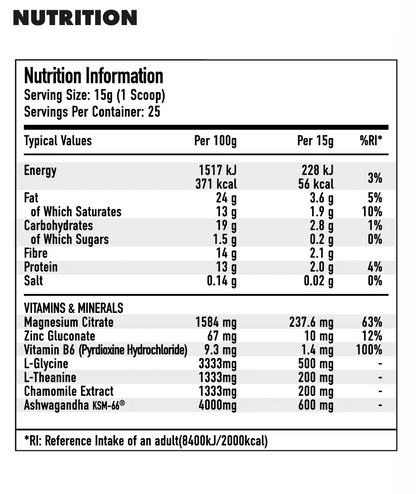 Nutrition information table showing serving size and nutritional values per serving
