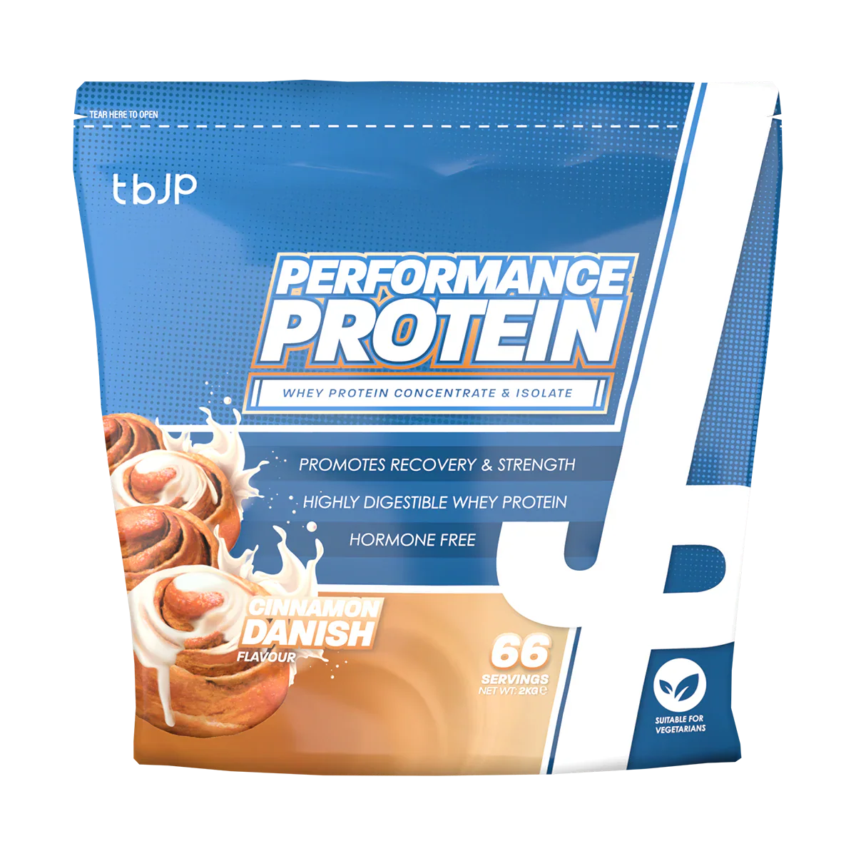 TBJP Performance Protein whey blend in cinnamon danish flavour, made with whey protein concentrate and isolate to support muscle recovery and strength.