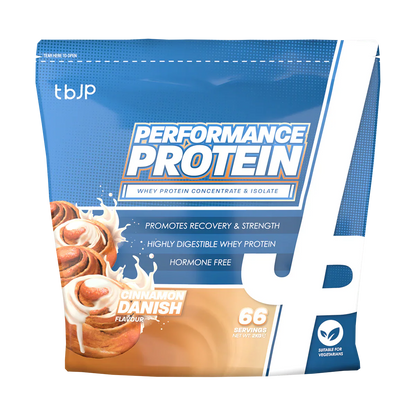 TBJP Performance Protein whey blend in cinnamon danish flavour, made with whey protein concentrate and isolate to support muscle recovery and strength.
