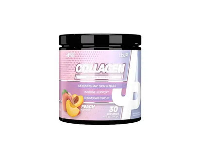 Trained by JP collagen supplement in peach flavour shown in a jar on a white background.