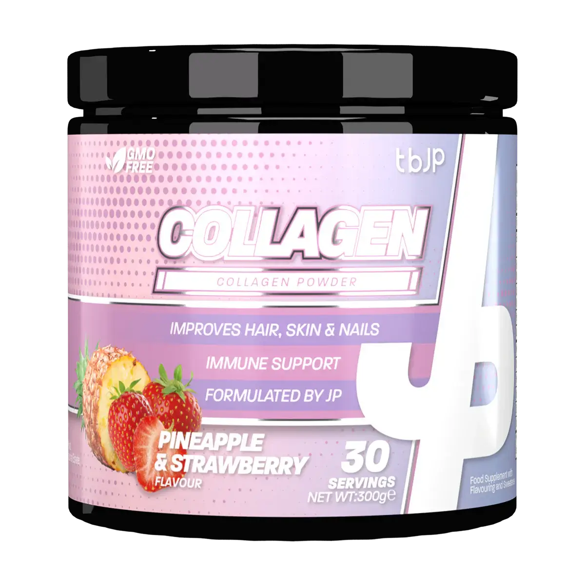 Trained by JP collagen powder in pineapple and strawberry flavour shown in a jar on a transparent background.