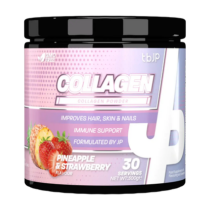 Trained by JP collagen powder in pineapple and strawberry flavour shown in a jar on a transparent background.