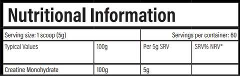 Nutritional information table for TBJP Creatine 300g showing serving size and creatine monohydrate values