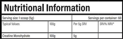 Nutritional information table for TBJP Creatine 300g showing serving size and creatine monohydrate values