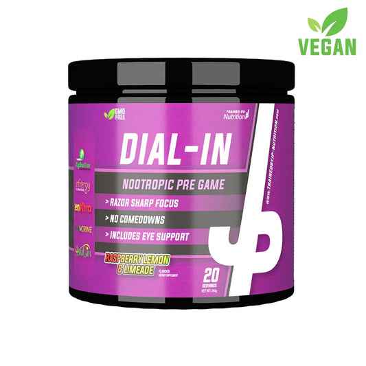 TBJP Dial-In nootropic pre-workout supplement tub, vegan formula with raspberry lemon flavor for focus, energy, and mental performance