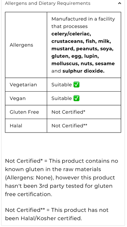 Allergen and dietary requirements table for TBJP Digest Pharma Pro showing vegetarian and vegan suitability and allergen information