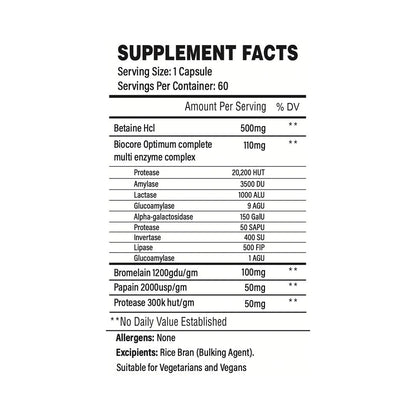 TBJP Digest Pharma Pro supplement facts panel showing digestive enzyme ingredients and serving information