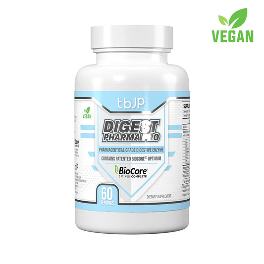 TBJP Digest Pharma Pro vegan digestive enzyme supplement bottle on a white background