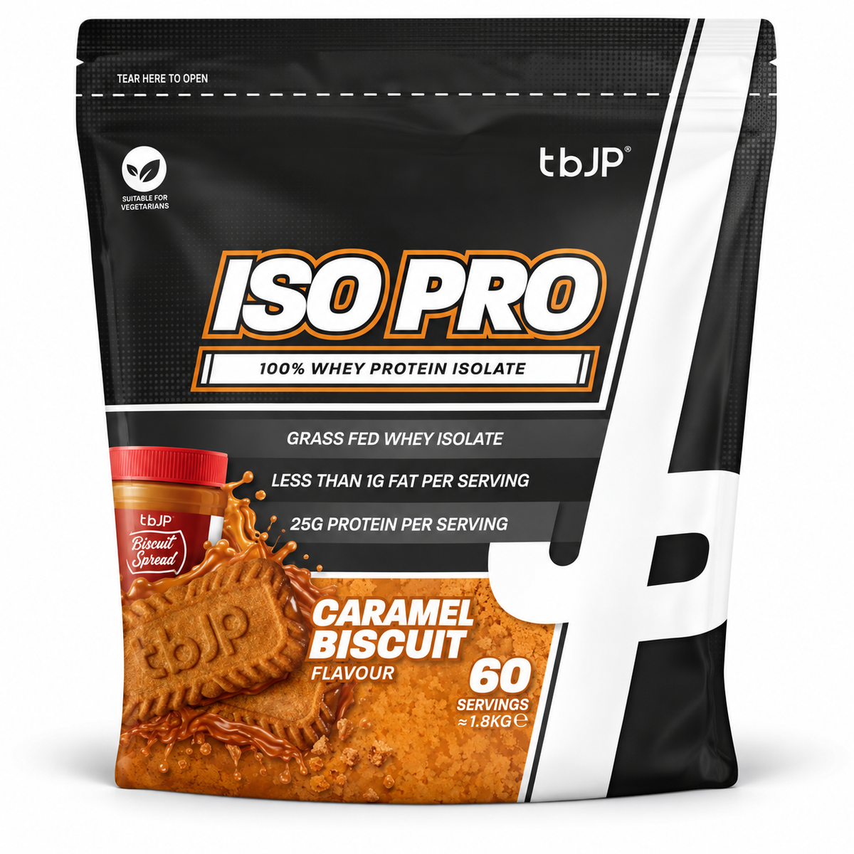 TBJP ISO Pro whey protein isolate in caramel biscuit flavour, made with 100 percent whey isolate to support lean muscle recovery.