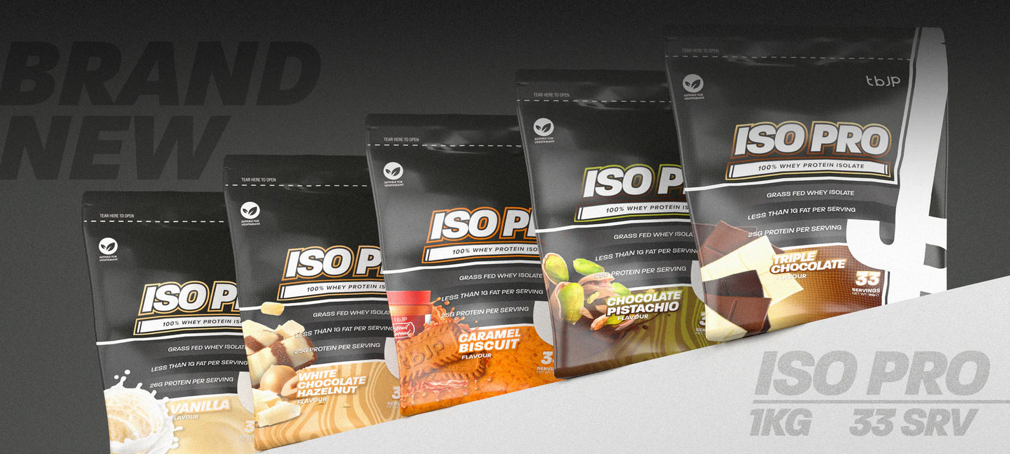 TBJP ISO Pro whey protein isolate in caramel biscuit flavour, made with 100 percent whey isolate to support lean muscle recovery.
