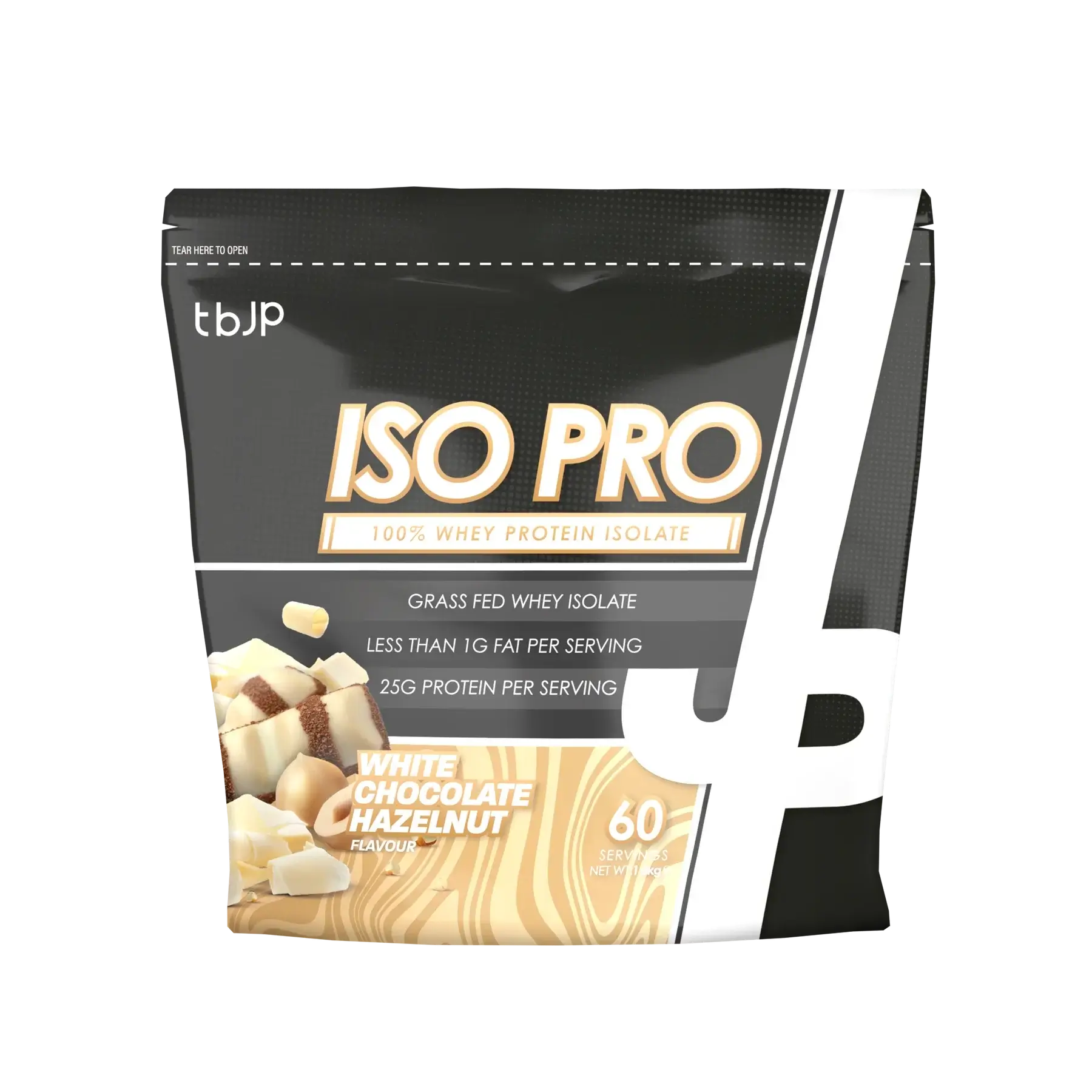 TBJP ISO Pro whey protein isolate in white chocolate hazelnut flavour, made with 100 percent whey isolate to support lean muscle recovery.