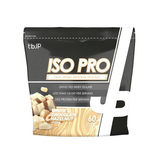 TBJP ISO Pro whey protein isolate in white chocolate hazelnut flavour, made with 100 percent whey isolate to support lean muscle recovery.