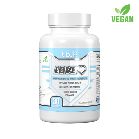TBJP Love Heart vegan supplement bottle, 30 servings, displayed on a white background.