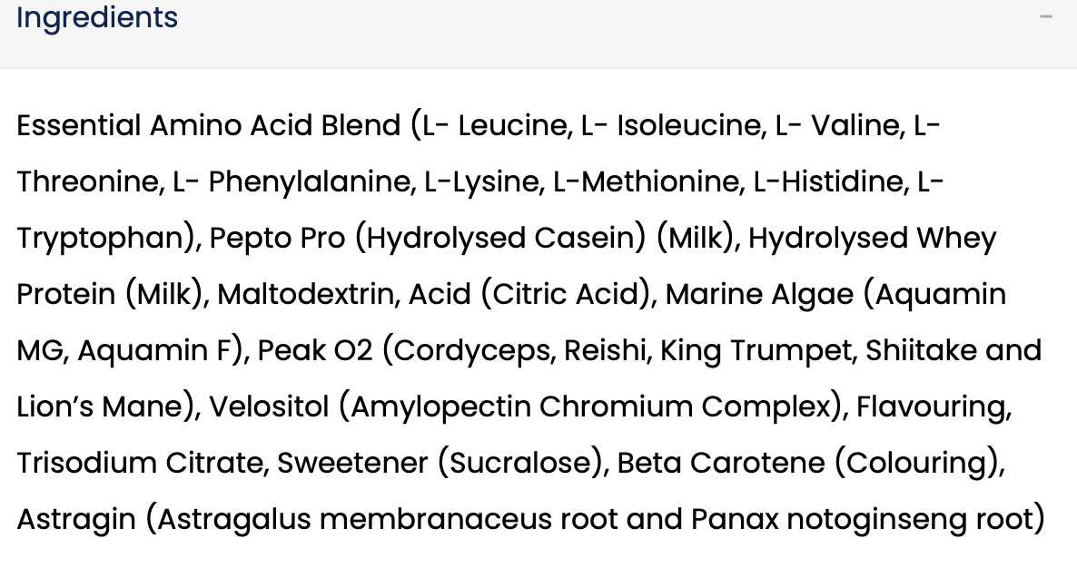 TBJP MPSMAX EAA ingredients panel listing essential amino acids and added compounds