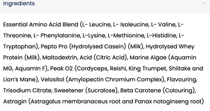 TBJP MPSMAX EAA ingredients panel listing essential amino acids and added compounds