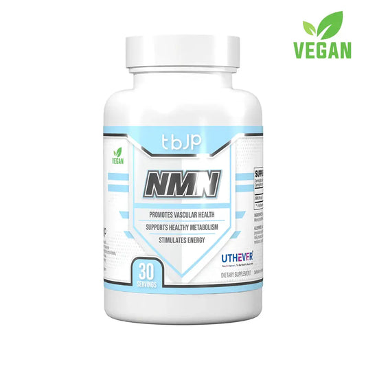 TBJP NMN supplement bottle with vegan label, featuring Uthever NMN on a white background.