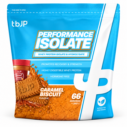 TBJP Performance Isolate whey protein in caramel biscuit flavour, made with whey hydrolysed isolate and isolate blend to support fast absorption and muscle recovery.
