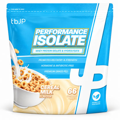 TBJP Performance Isolate whey protein in cerial milk flavour, made with whey hydrolysed isolate and isolate blend to support fast absorption and muscle recovery.
