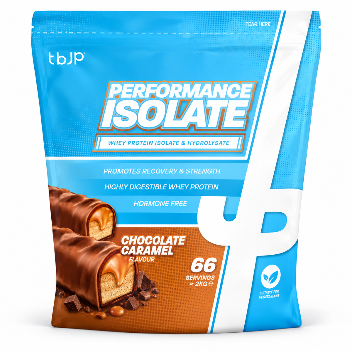 TBJP Performance Isolate whey protein in chocolate caramel flavour, made with whey hydrolysed isolate and isolate blend to support fast absorption and muscle recovery.