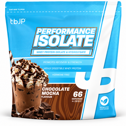 TBJP Performance Isolate whey protein in chocolate mocha flavour, made with whey hydrolysed isolate and isolate blend to support fast absorption and muscle recovery.