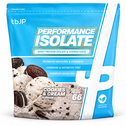 TBJP Performance Isolate whey protein in cookies and cream flavour, made with whey hydrolysed isolate and isolate blend to support fast absorption and muscle recovery.