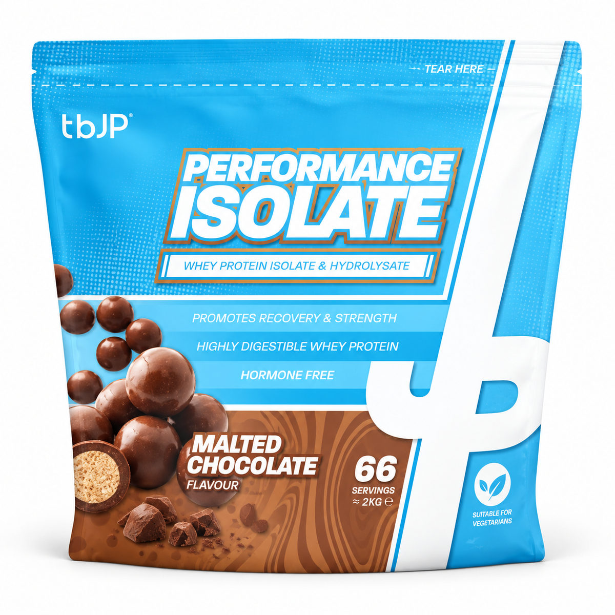 TBJP Performance Isolate whey protein in malted chocolate flavour, made with whey hydrolysed isolate and isolate blend to support fast absorption and muscle recovery.