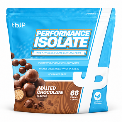 TBJP Performance Isolate whey protein in malted chocolate flavour, made with whey hydrolysed isolate and isolate blend to support fast absorption and muscle recovery.
