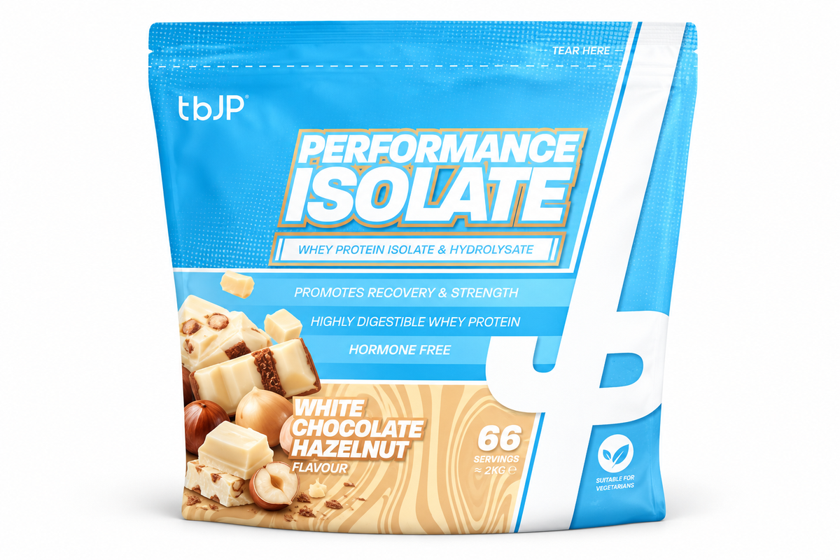 TBJP Performance Isolate whey protein in white chocolate hazelnut flavour, made with whey hydrolysed isolate and isolate blend to support fast absorption and muscle recovery.