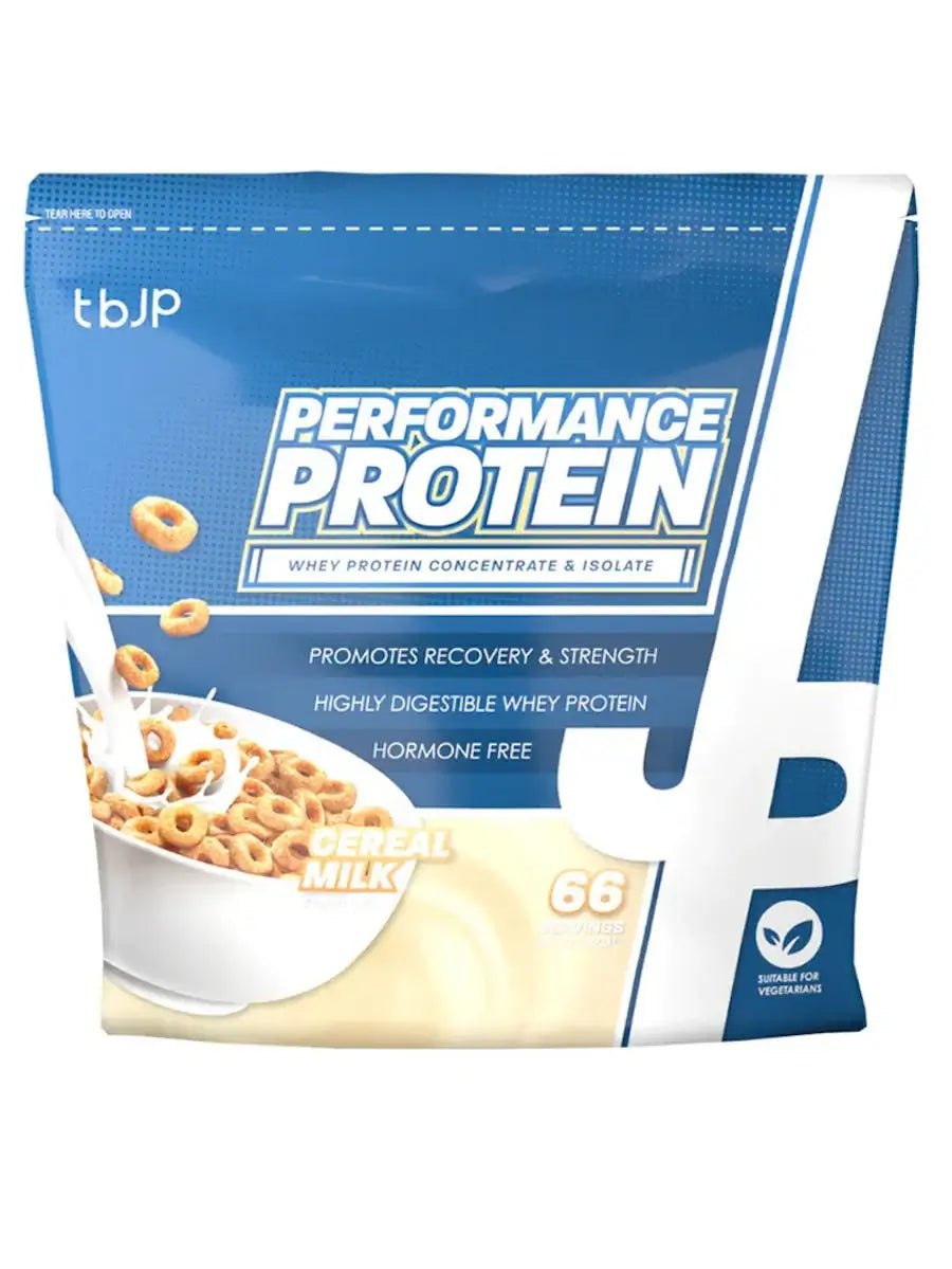 TBJP Performance Protein whey blend in cereal milk flavour, made with whey protein concentrate and isolate to support muscle recovery and strength.