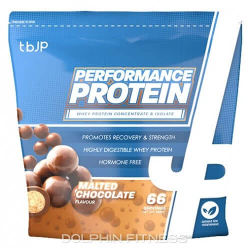 TBJP Performance Protein whey isolate and concentrate in malted chocolate flavour, supporting muscle recovery and strength with low lactose.