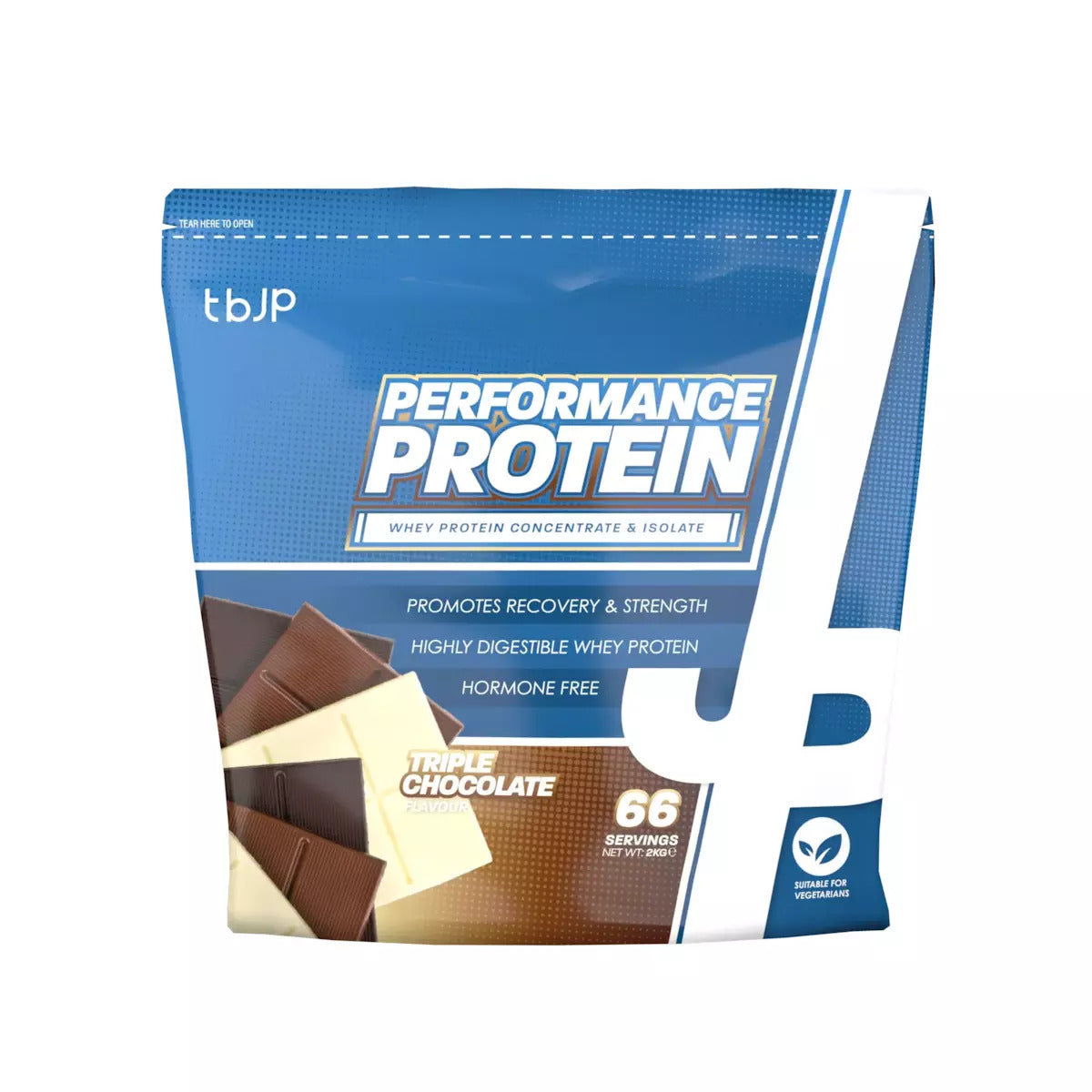 TBJP Performance Protein whey blend in triple chocolate flavour, made with whey protein concentrate and isolate to support muscle recovery and strength.