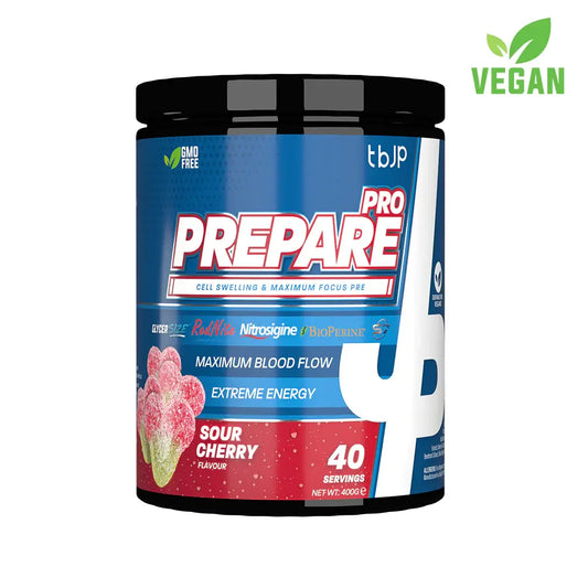 TBJP Prepare Pro pre workout supplement sour cherry vegan tub