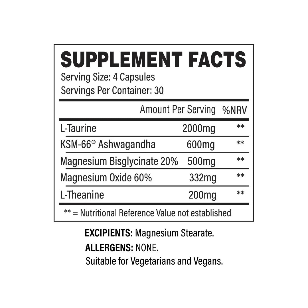 Supplement facts panel for TBJP Unwind showing L-taurine, KSM-66 ashwagandha, magnesium, and L-theanine