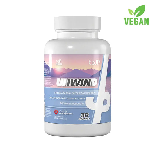 TBJP Unwind vegan supplement bottle with KSM-66 ashwagandha for stress and recovery on a white background
