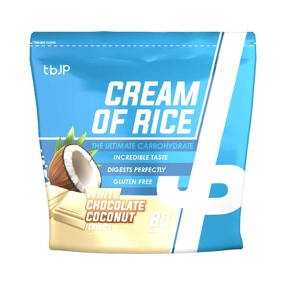 TBJP Cream of Rice 2KG pack showcasing white chocolate coconut flavor, gluten-free, the ultimate carb source.