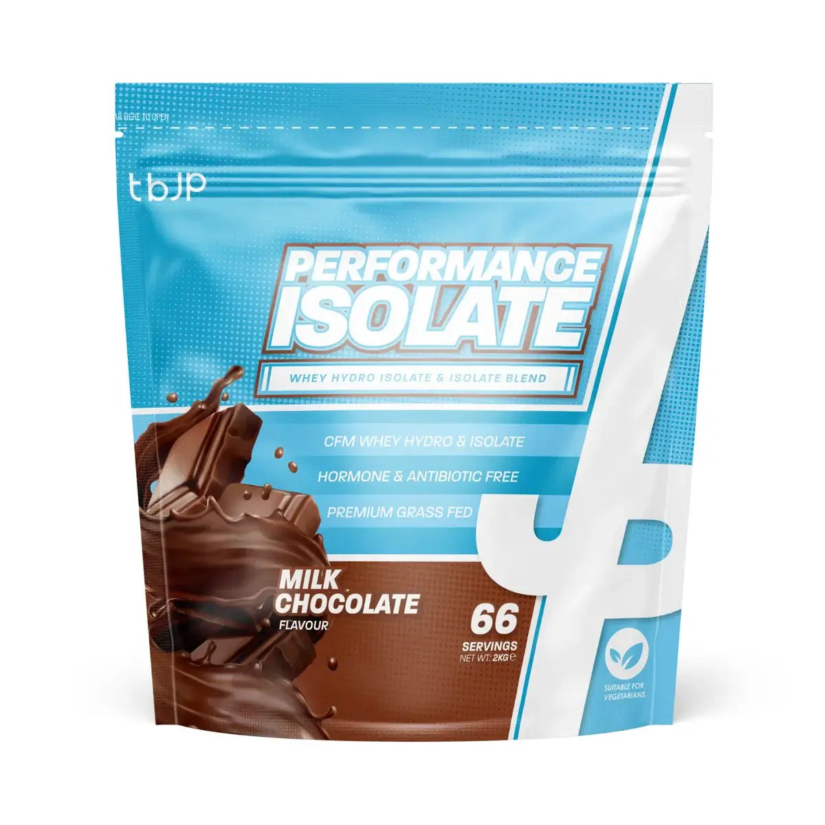 TBJP Performance Isolate Tri-Blend protein powder in milk chocolate flavor, featuring whey hydro isolate blend.