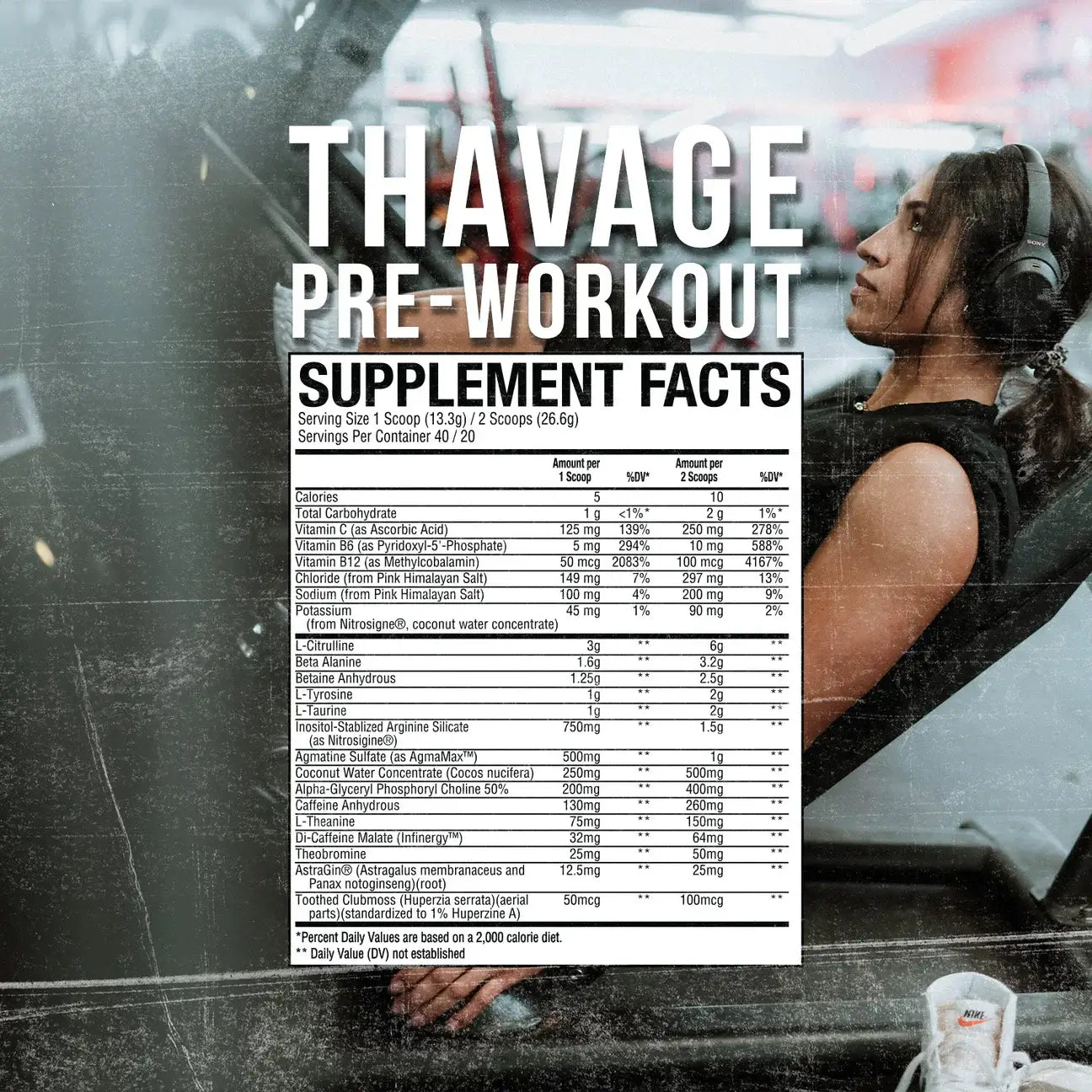 THAVAGE pre-workout supplement facts panel showing ingredients and nutritional values